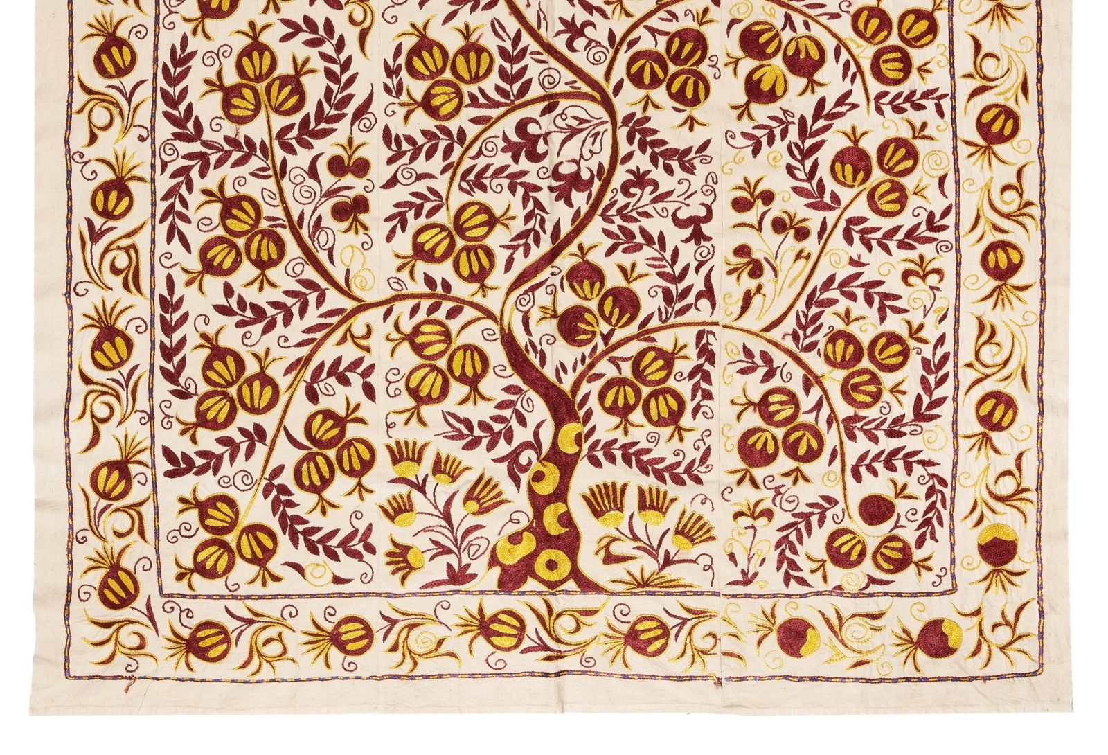 5x6.6 Ft Silk Suzani Pomegranate Tree Design Bed Cover, Embroidered Wall Hanging photo for sale