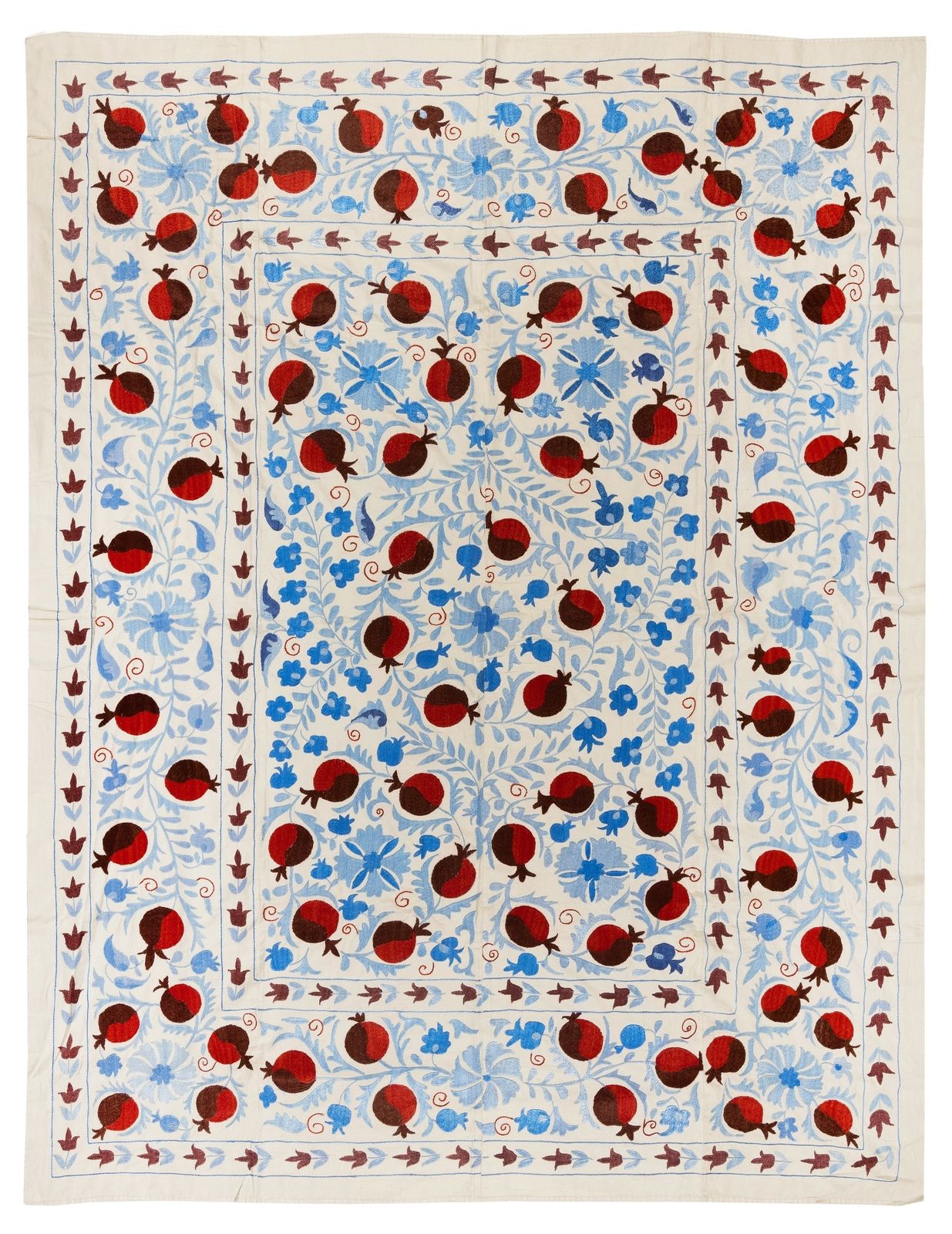 6.3x8 Ft New Uzbek Suzani Textile. Embroidered Cotton & Silk Bed Cover