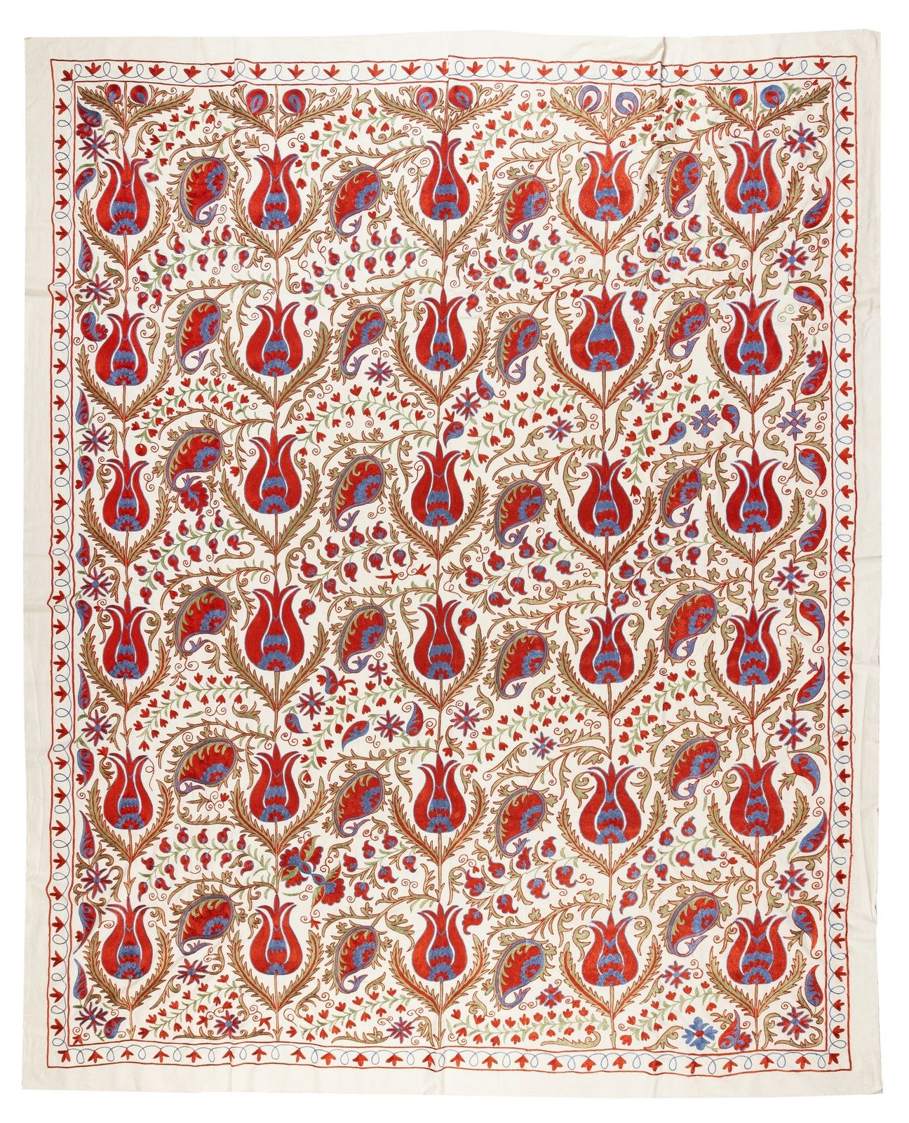 Textile suzani ouzbek, 7,6 x 9 ft - Couvre-lit brodé en coton et soie