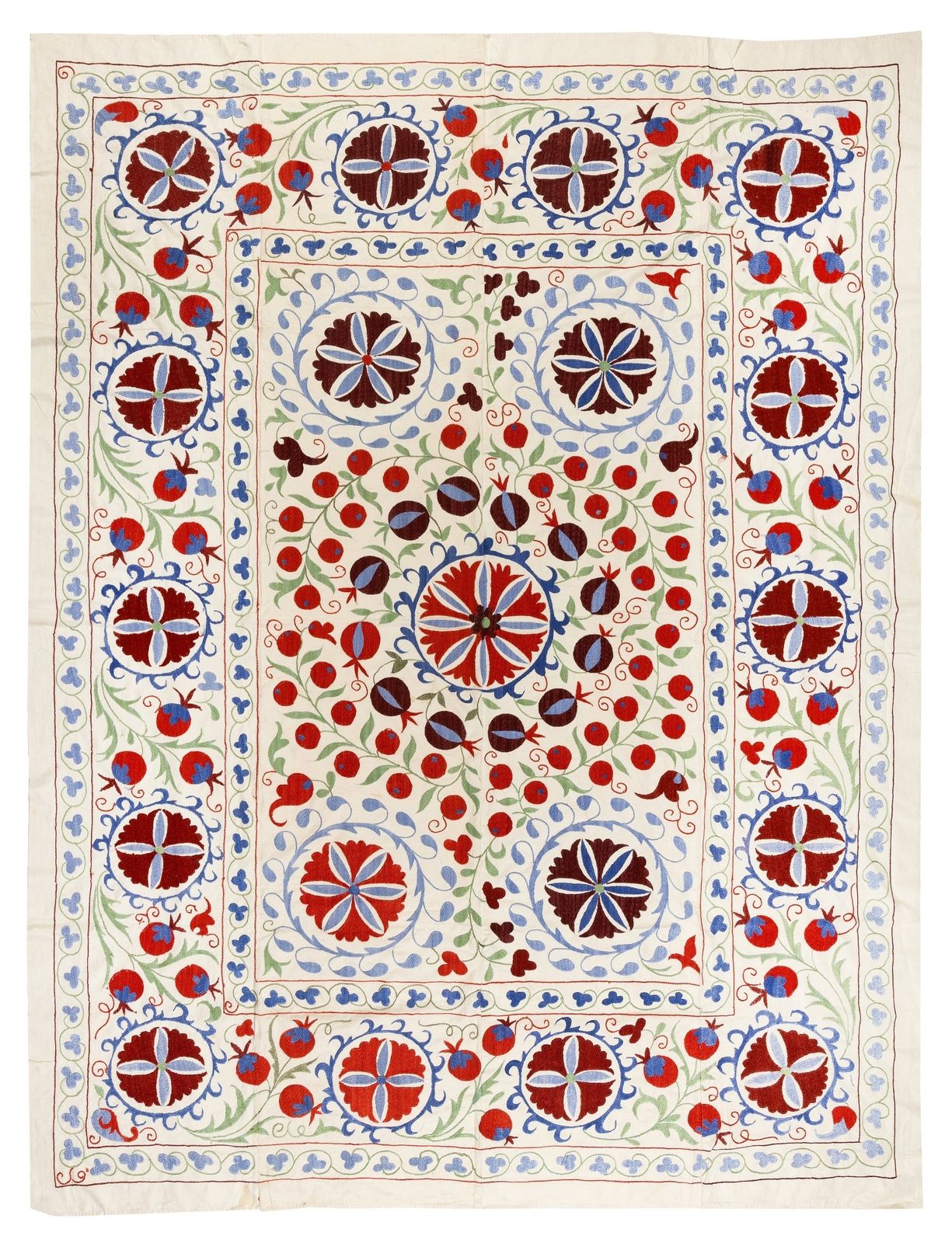 6.3x8 Ft New Uzbek Suzani Textile. Embroidered Cotton & Silk Bed Cover