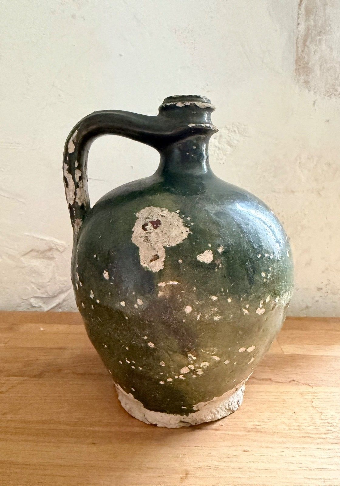 Antique 19thc French Jug Pitcher Olive Oil Sadirac Green Glaze 21cm Terracotta photo for sale