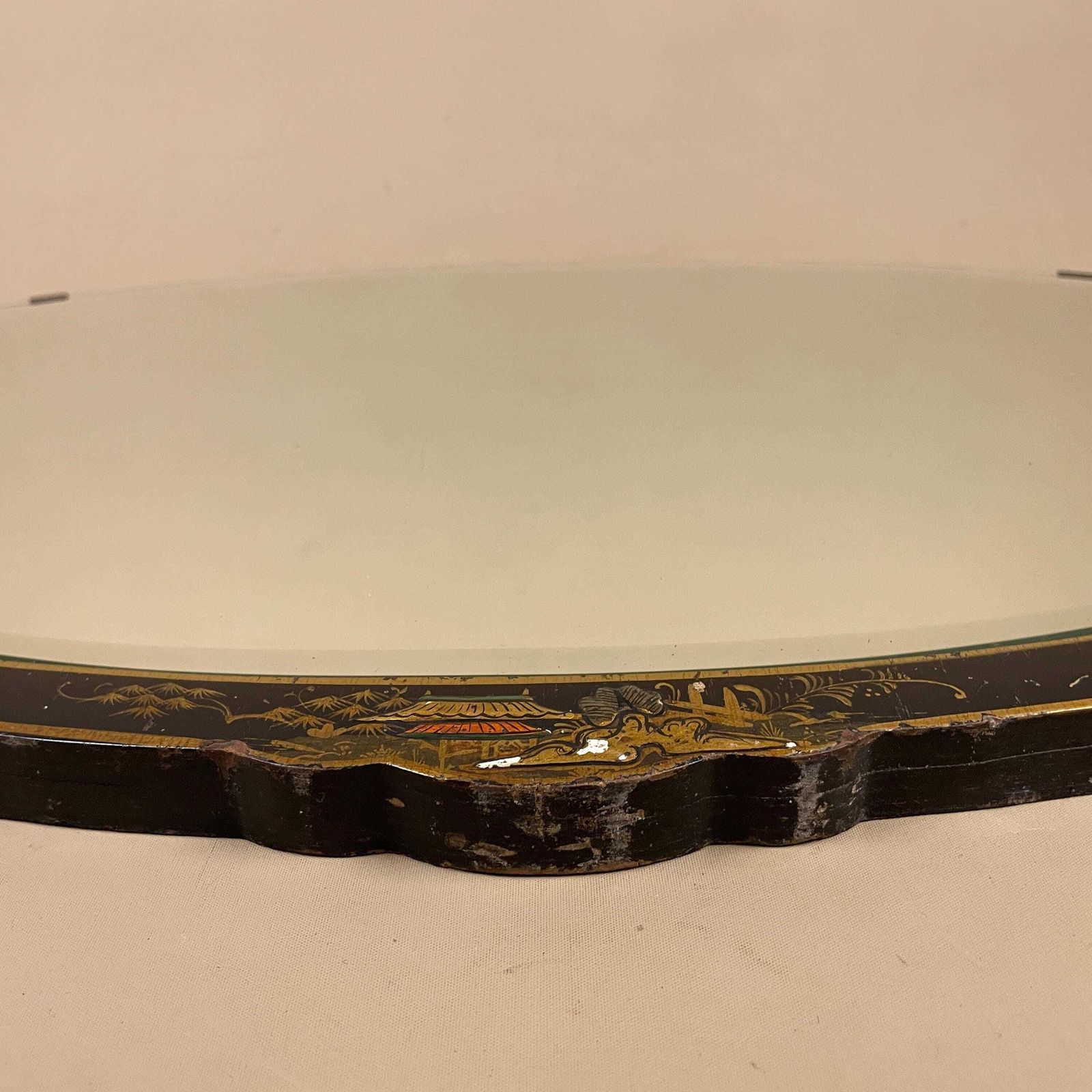 Oriental Oval Wall Mirror Hand Painted Lacquer Wooden Frame Asian Figurative Bevelled Edge Interior Wall Accent Black Gold photo vintage