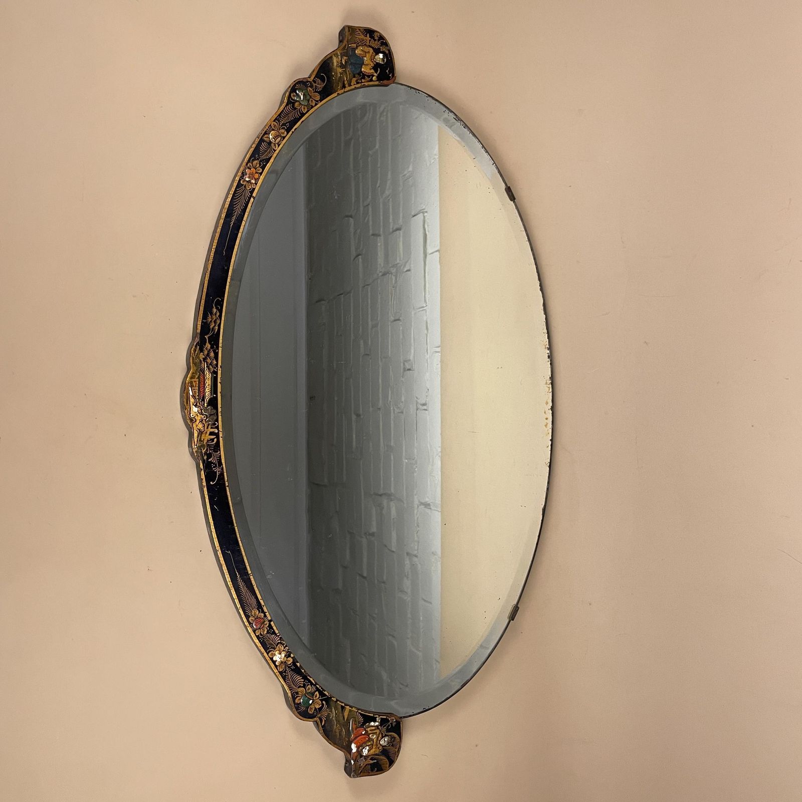 photo for sale Oriental Oval Wall Mirror Hand Painted Lacquer Wooden Frame Asian Figurative Bevelled Edge Interior Wall Accent Black Gold