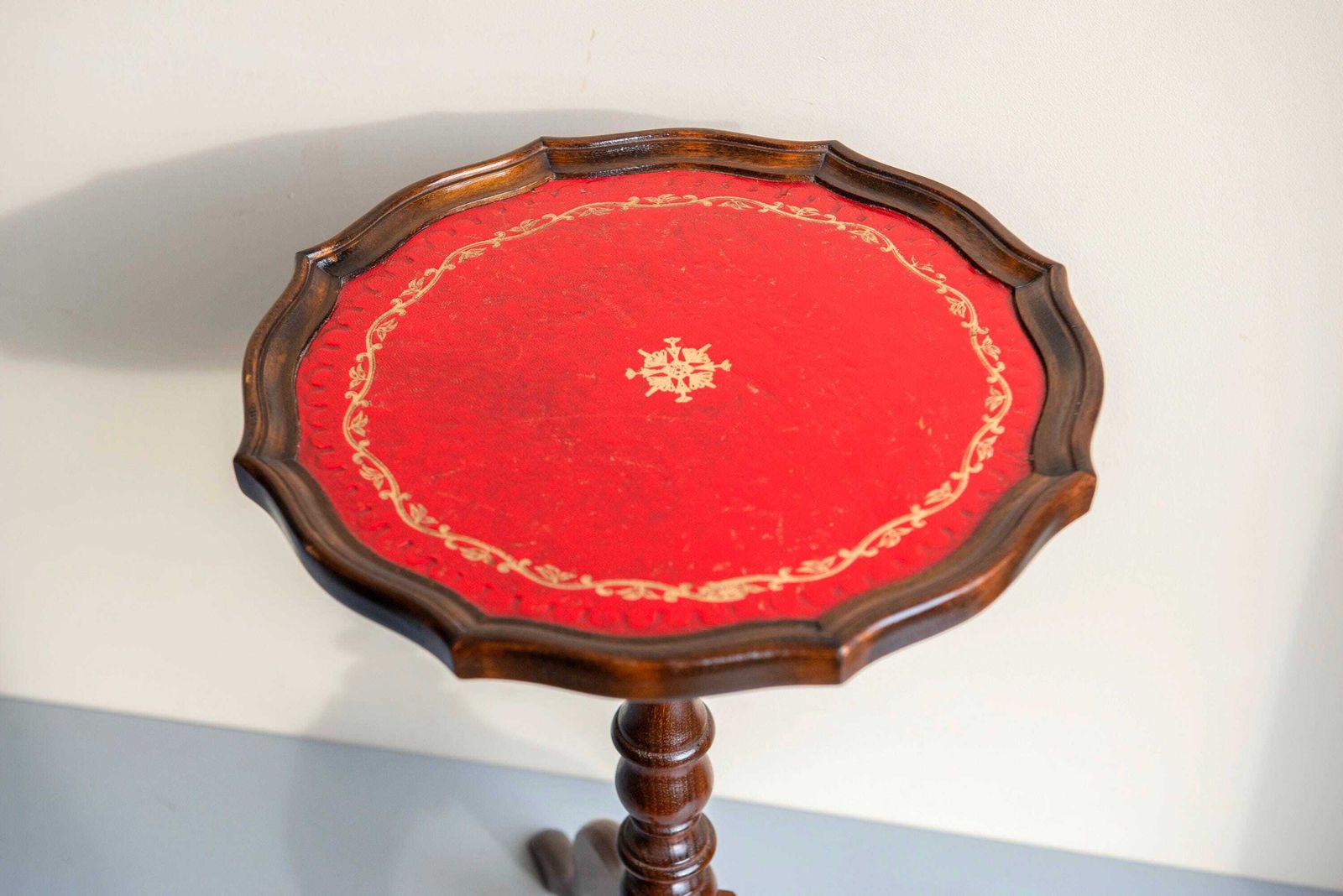 Furniture Vintage Leather Top Wine Table   English Style Side Table   Round Wooden Accent Table photo