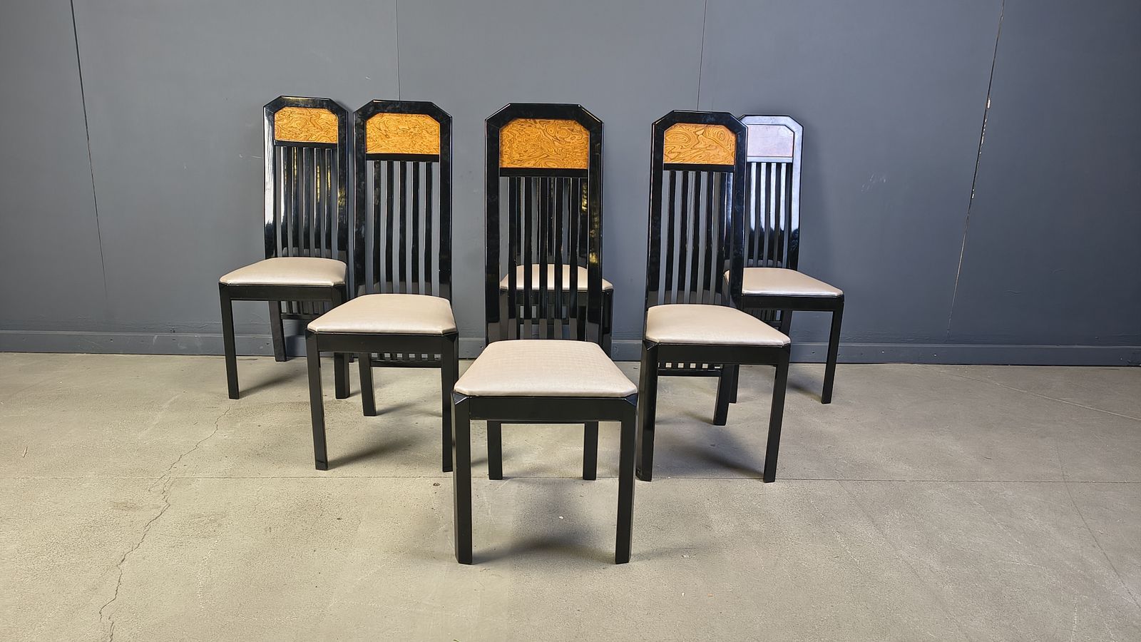 850.0 Vintage Burl Wood And Lacquer Dining Chairs, 1980s photo