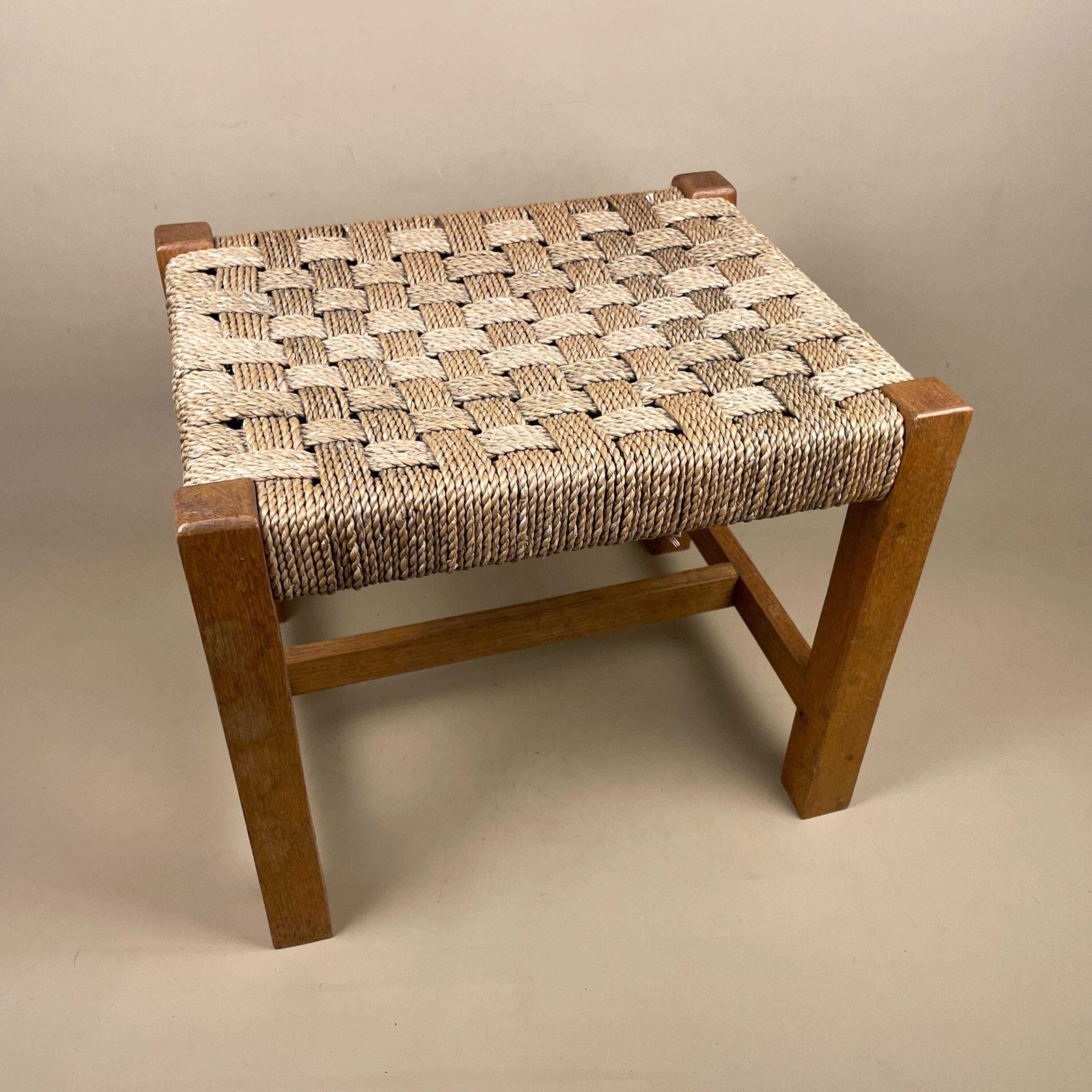 Wooden String Foot Stool Wood Frame Farmhouse Cottage Furniture Brown Woven Top Footstool Vintage