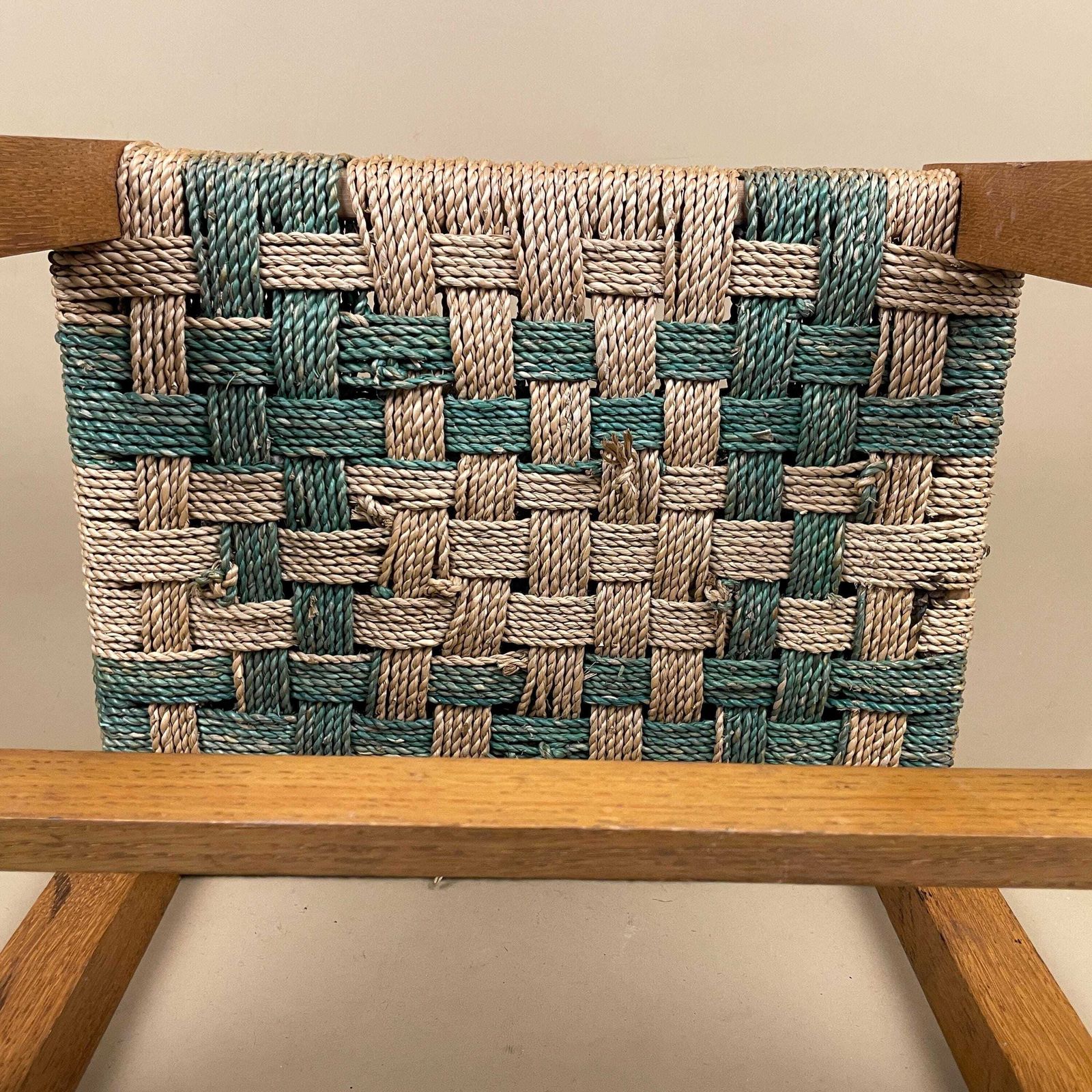 Wooden String Foot Stool Wood Frame Farmhouse Cottage Furniture Brown Woven Top Footstool Vintage photo vintage