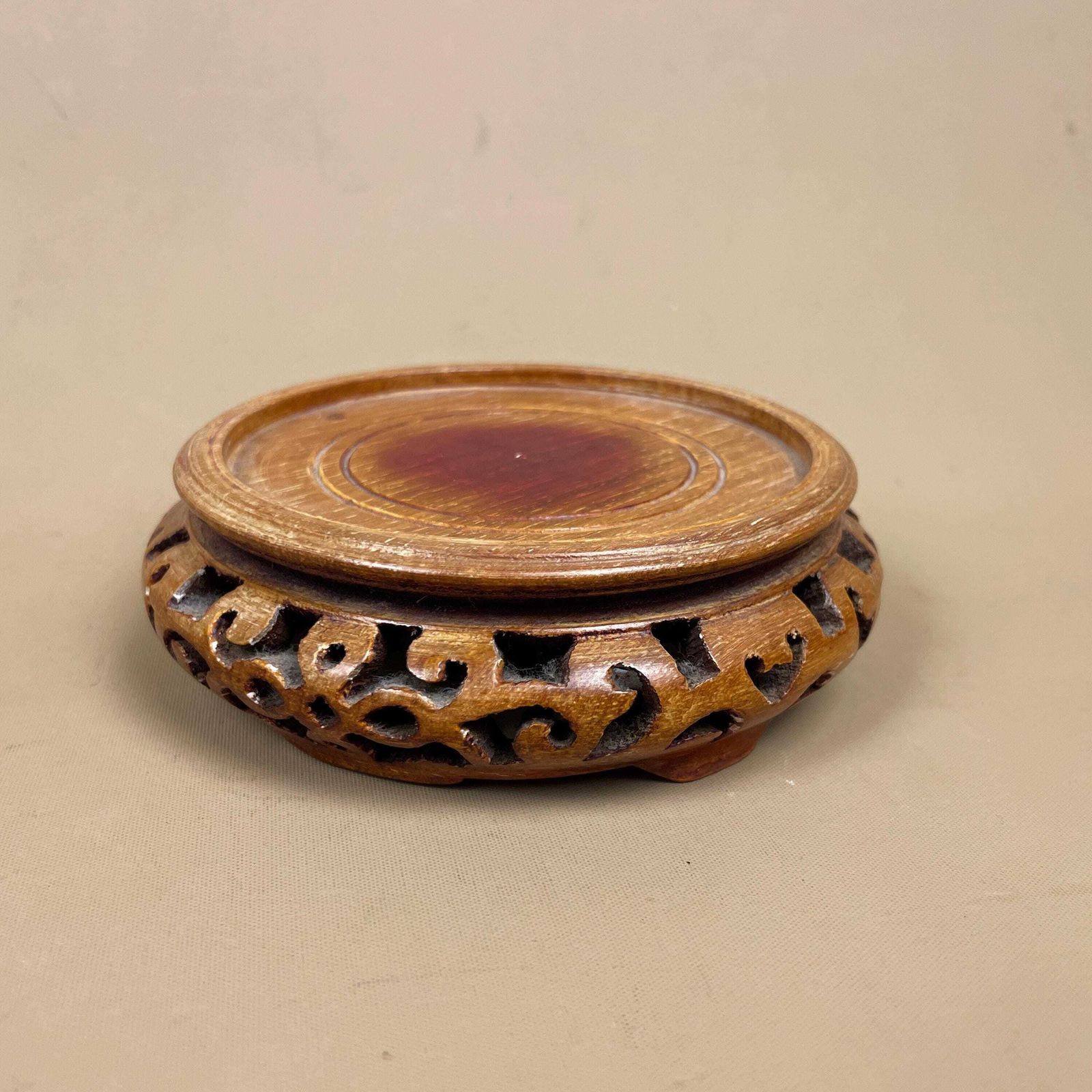 Oriental Plant Pot Stand Wooden Round Circle Top Carved Wood Ornate Display Small Asian Style Chinese Table Top Vintage