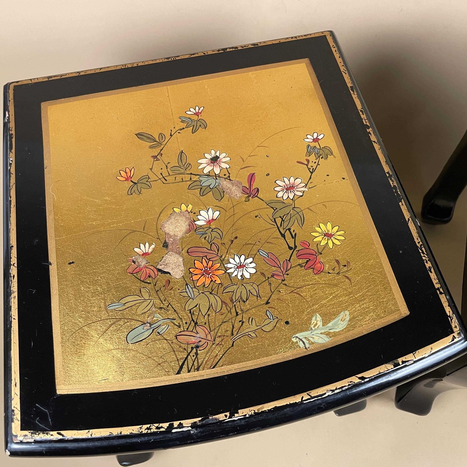Pair Chinese Side Tables Hand Painted Gold Floral Top Black Curved Front Wood Vintage Chinoiserie Accent Tables Oriental photo furniture