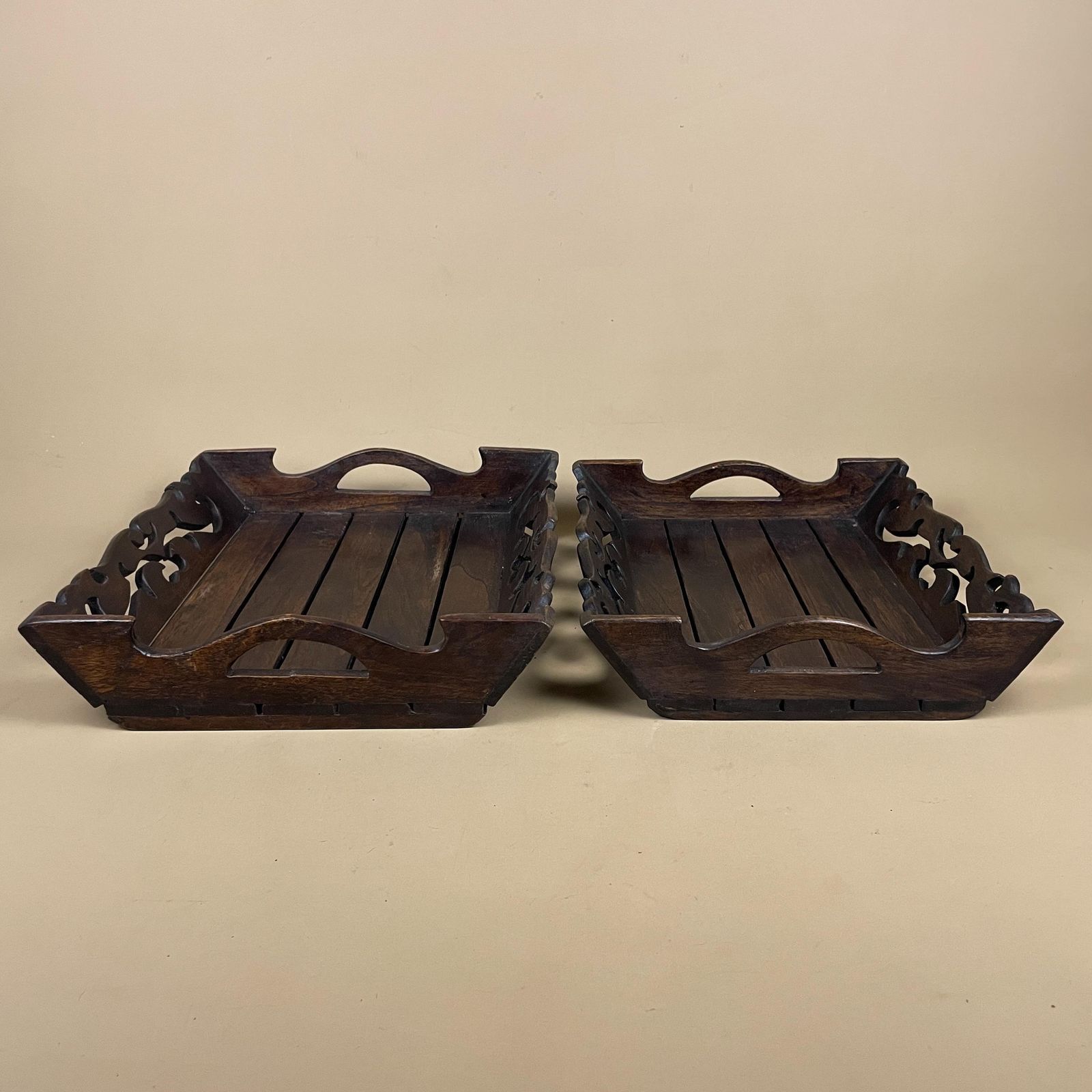 Pair Carved Wooden Trays Dark Brown Set Of Two Chunky Wood Display Decorative Handmade Vintage photo vintage