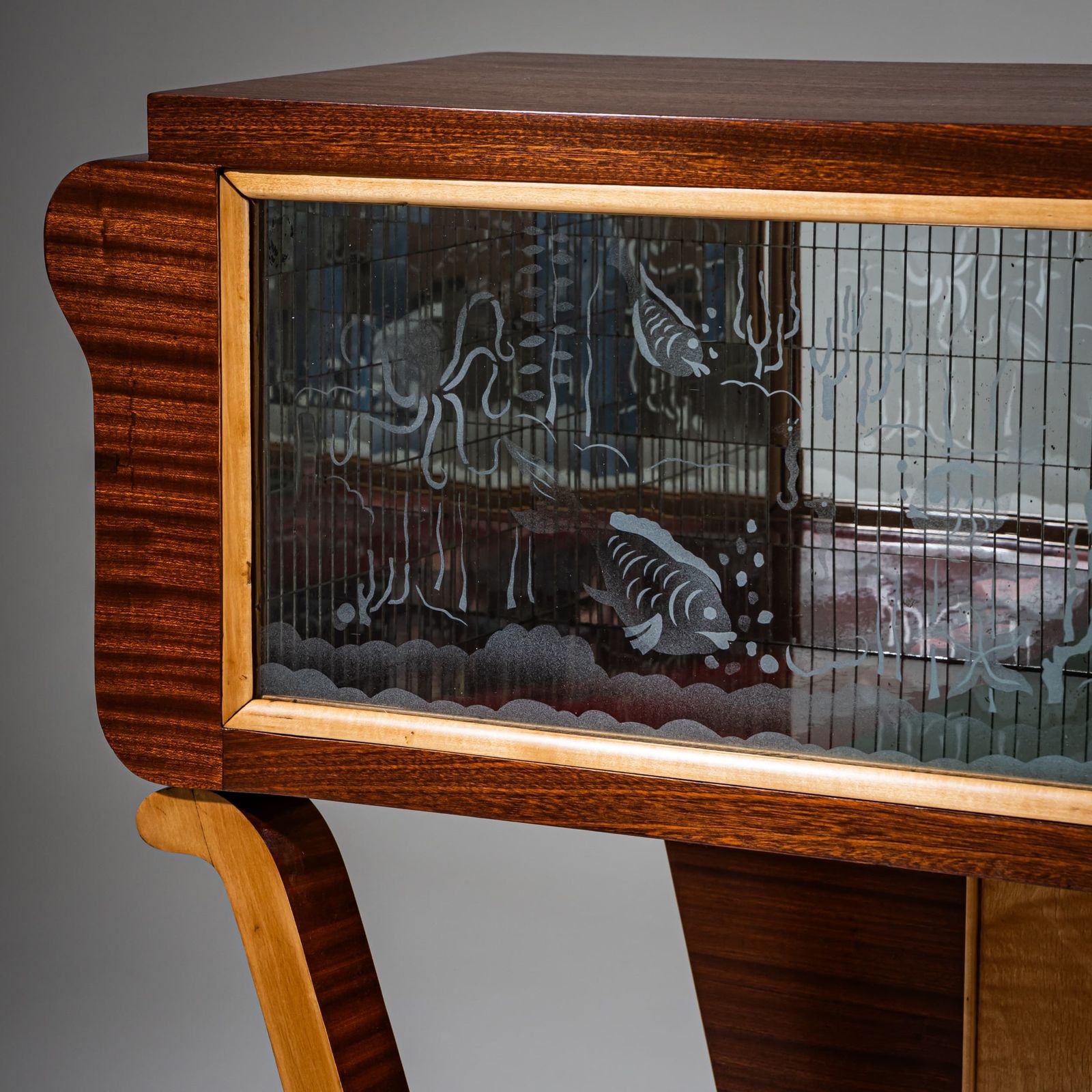Bar Cabinet With Etched Underwater Scene, Italy, Mid 20th Century photo for sale