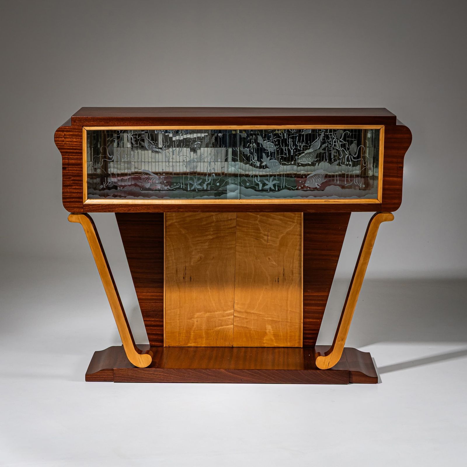 Bar Cabinet With Etched Underwater Scene, Italy, Mid 20th Century photo vinterior