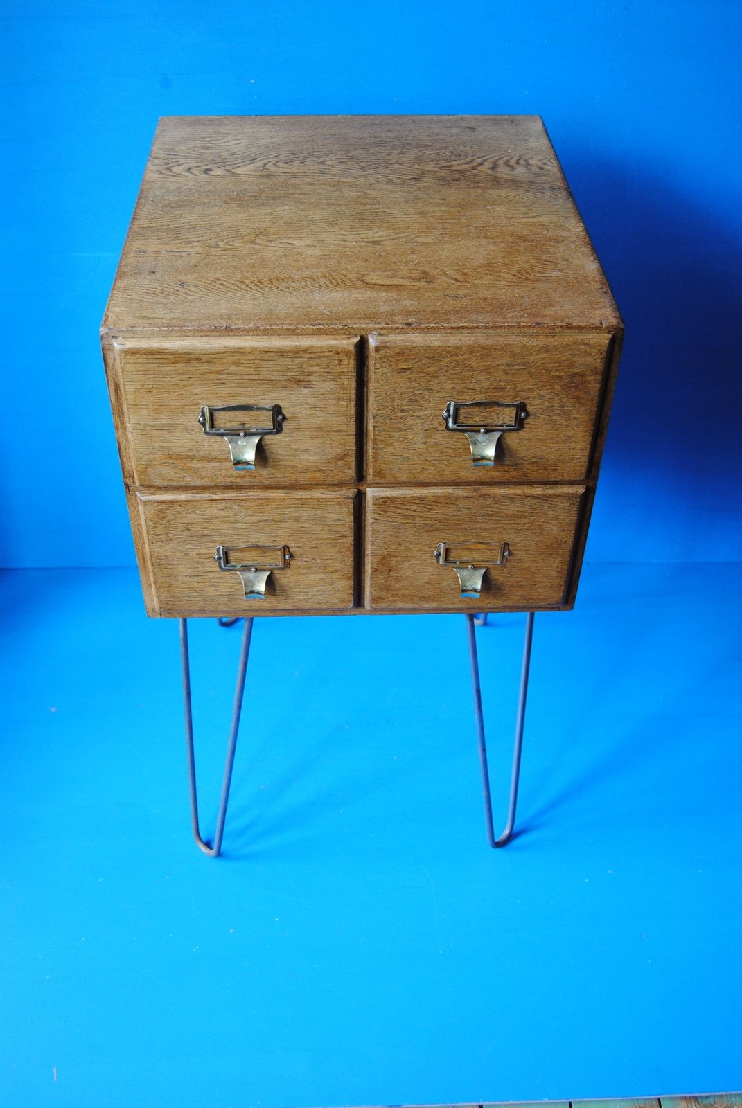 Vintage Oak Four Drawer Library Card Index Cabinet On Hairpin Legs