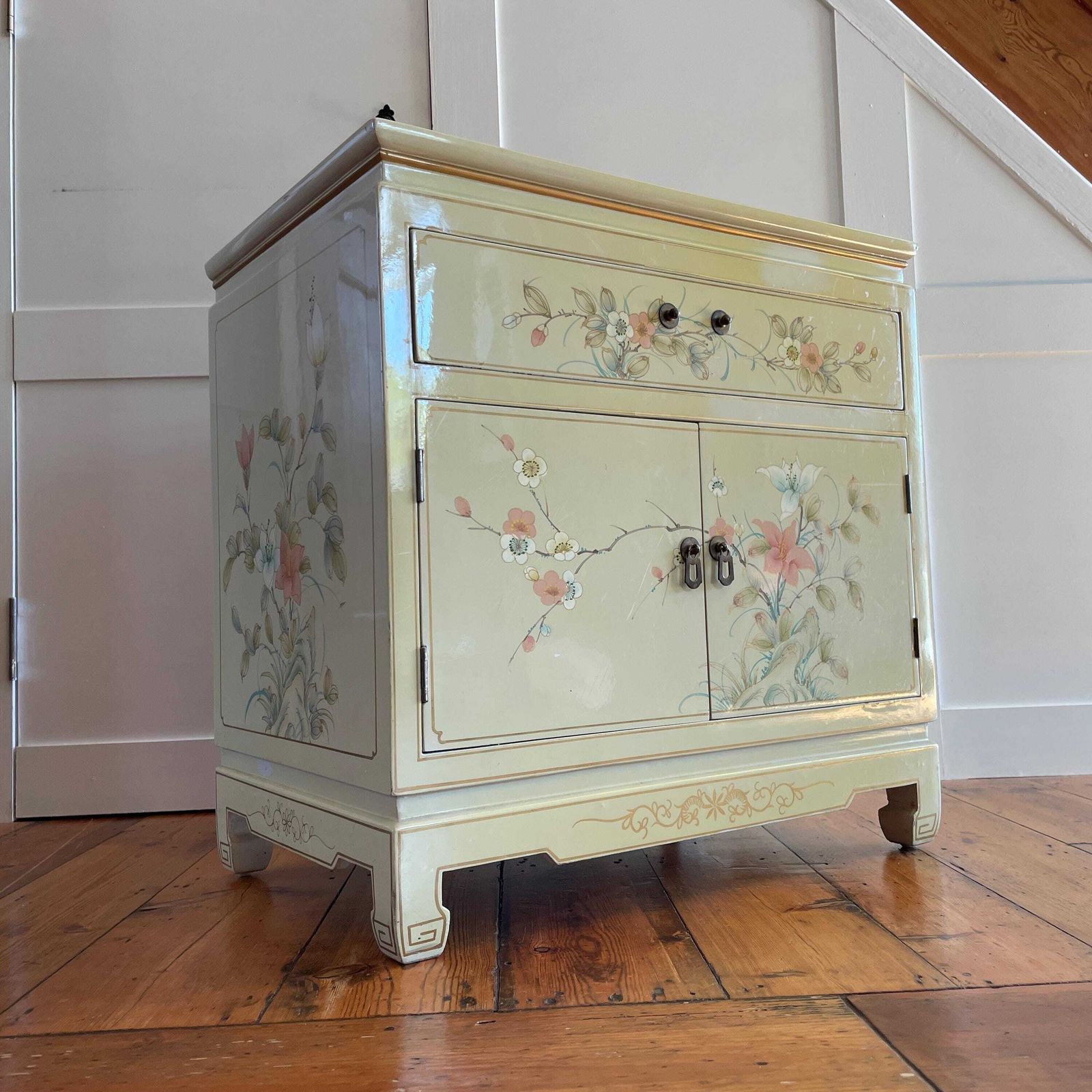 Furniture Chinese Lacquer Cabinet Hand Painted Glass Top Cream Floral Wood Chest Sideboard Vintage Dresser Oriental Asian photo