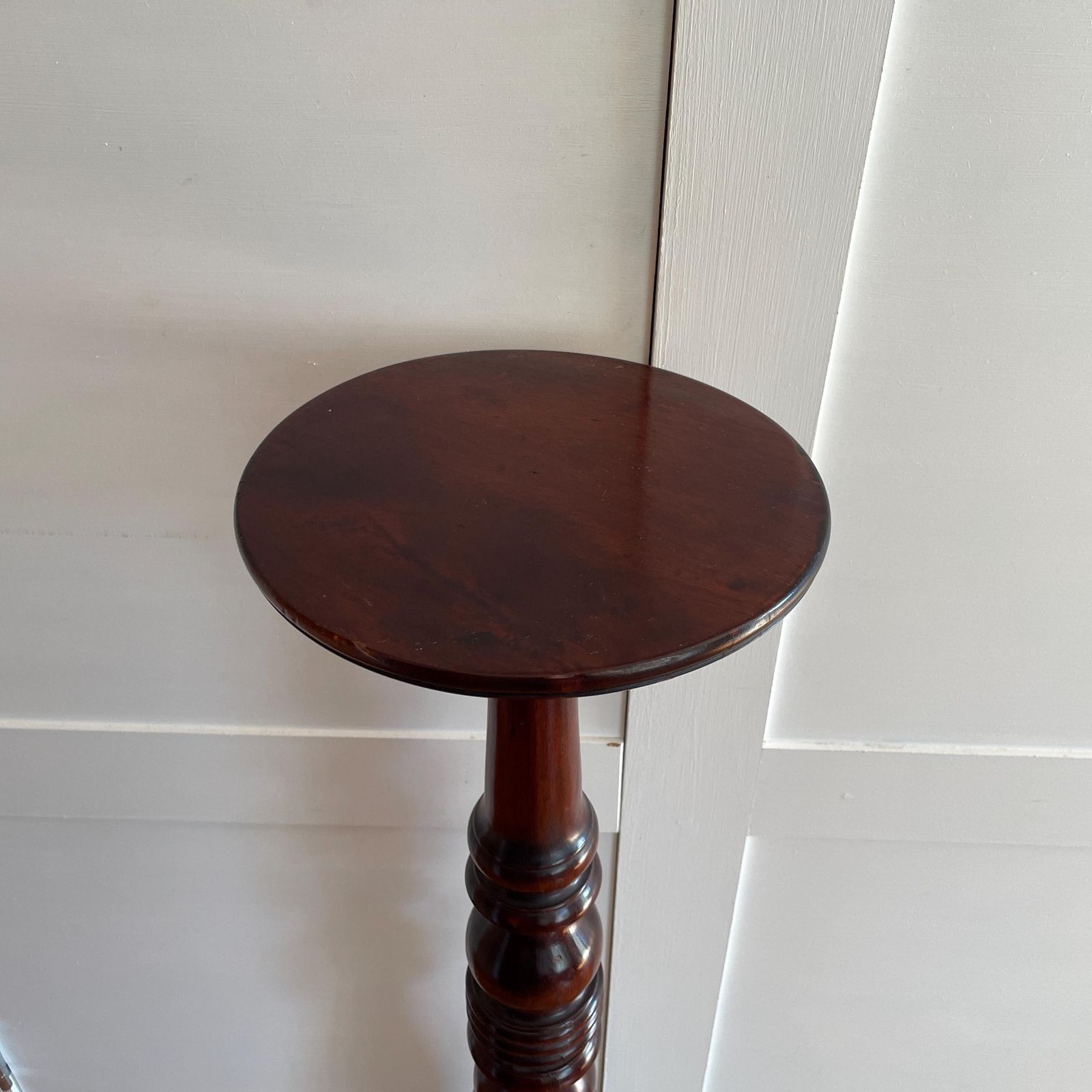 Tall Wooden Plant Stand Table Carved Patterned Oriental Dark Wood Floor Pedestal Round Display Stand Accent photo for sale