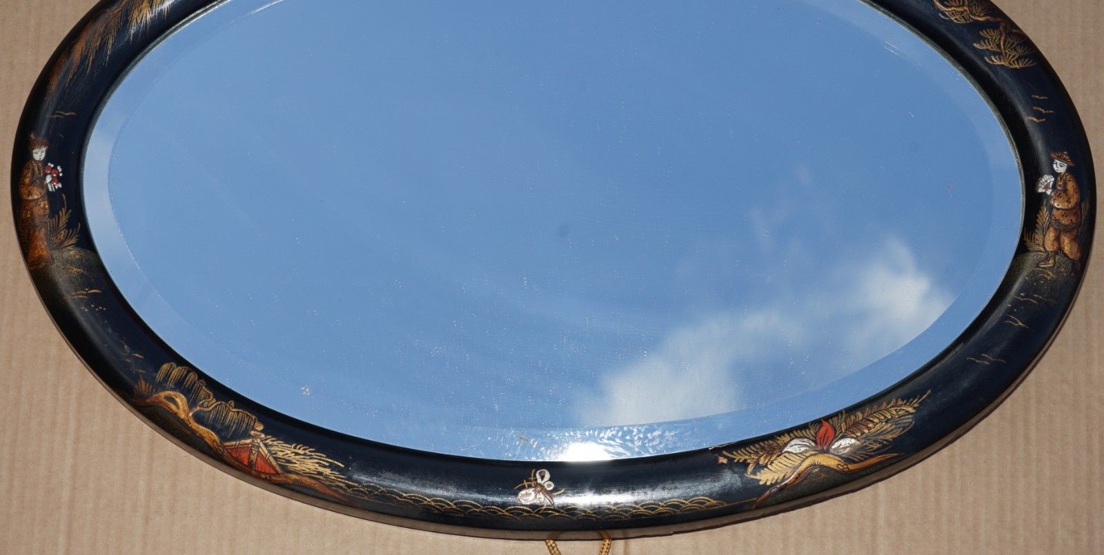 Lovely Antique Chinese Chinoiserie Oval Framed Mirror With Ornate Hand Paintings photo Home Decor