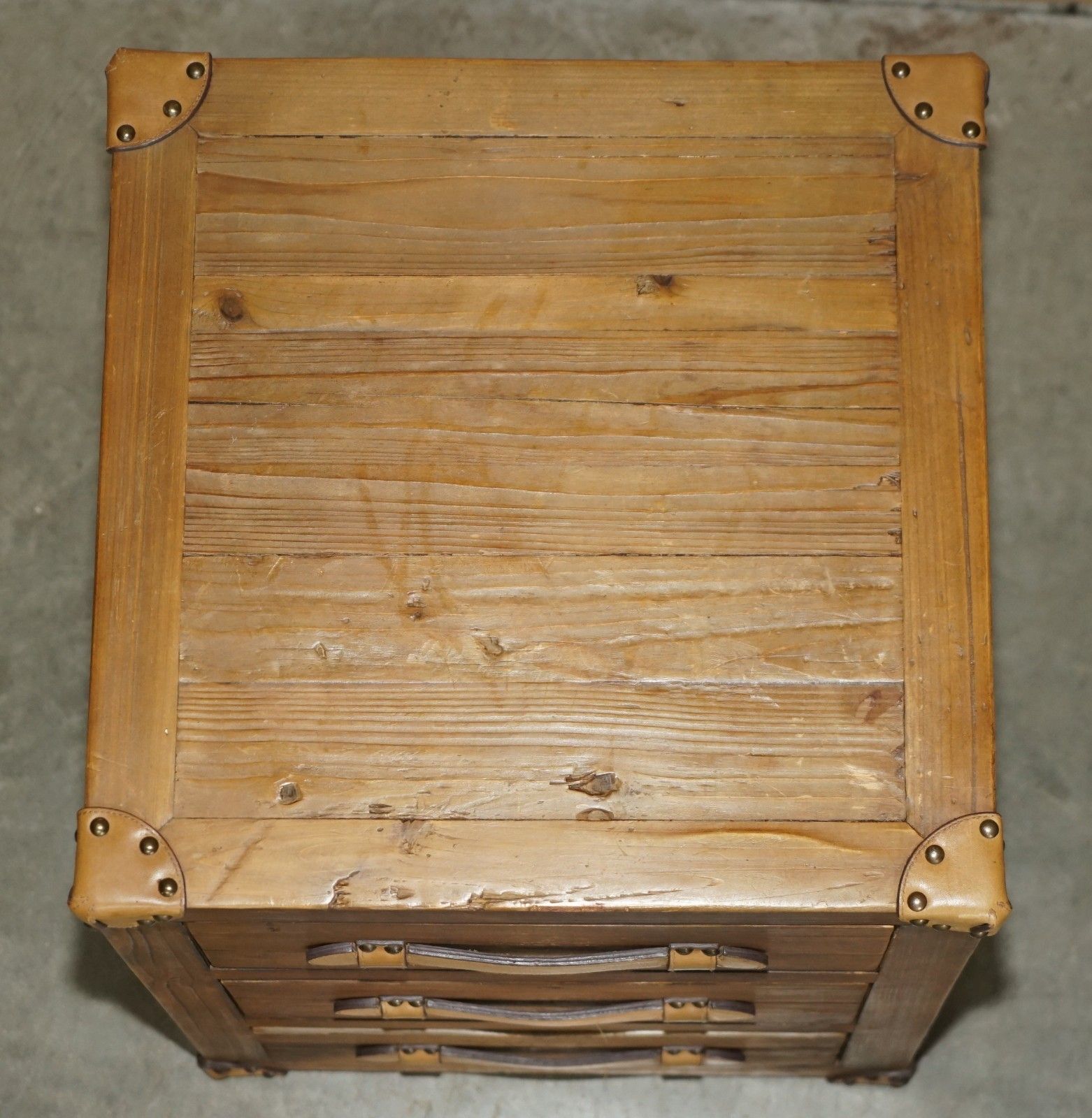 Recliamed Wood & Brown Leather Three Drawer Side End Nightstand Side End Table photo for sale