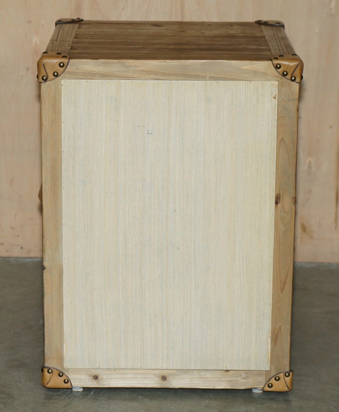 Recliamed Wood & Brown Leather Three Drawer Side End Nightstand Side End Table photo vintage