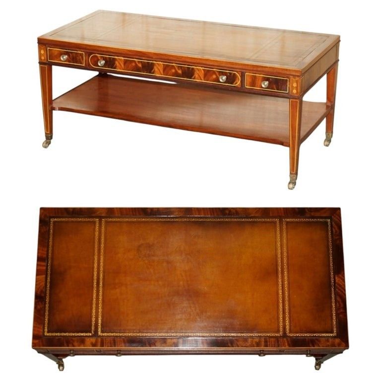 Exquisite Hand Dyed Brown Leather Sheraton Inlaid Flamed Mahogany Coffee Table