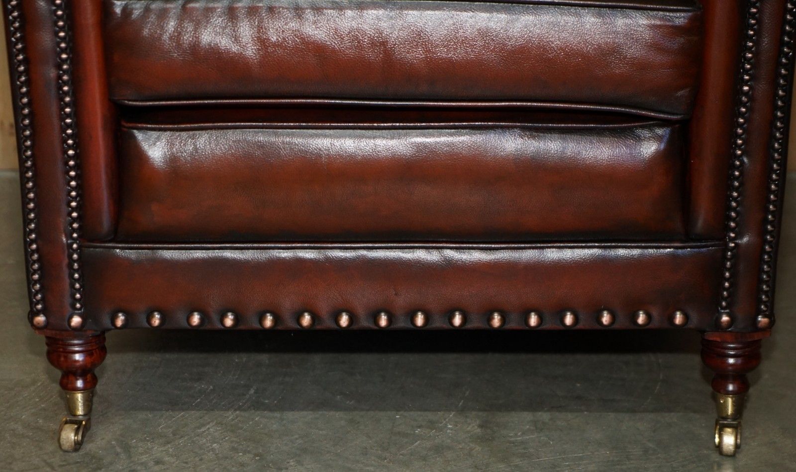Fully Restored Victorian Style Brown Leather Armchair With English Brass Castors photo vintage