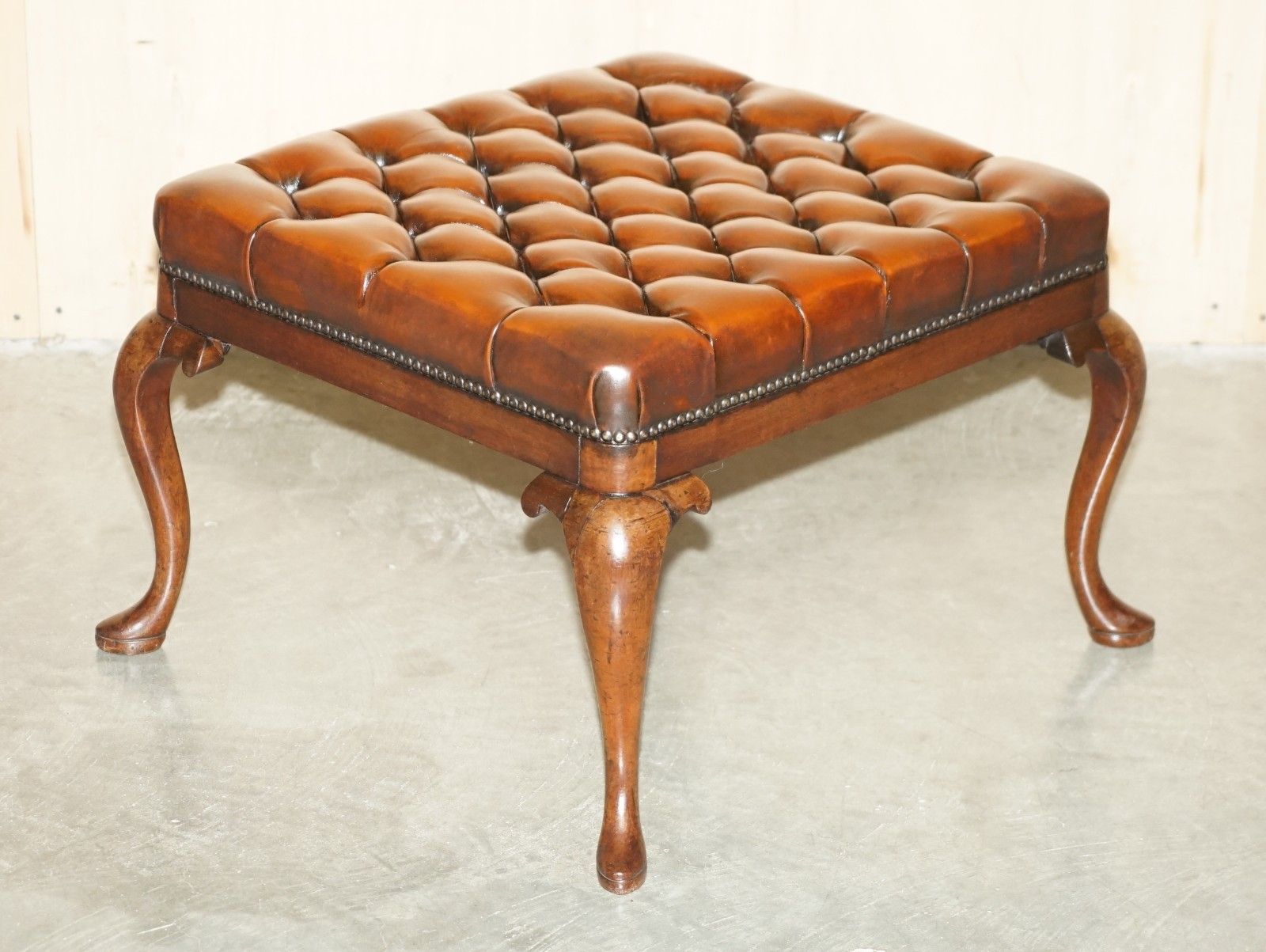 Restored Antique Victorian Mahogany Brown Leather Chesterfield Tufted Footstool photo furniture