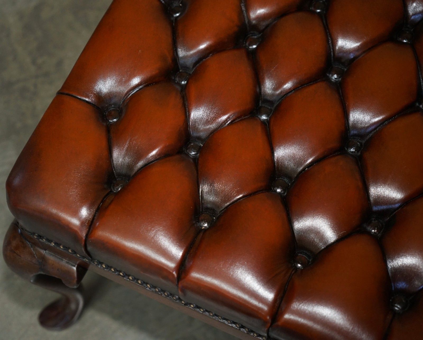 photo furniture Restored Antique Victorian Mahogany Brown Leather Chesterfield Tufted Footstool