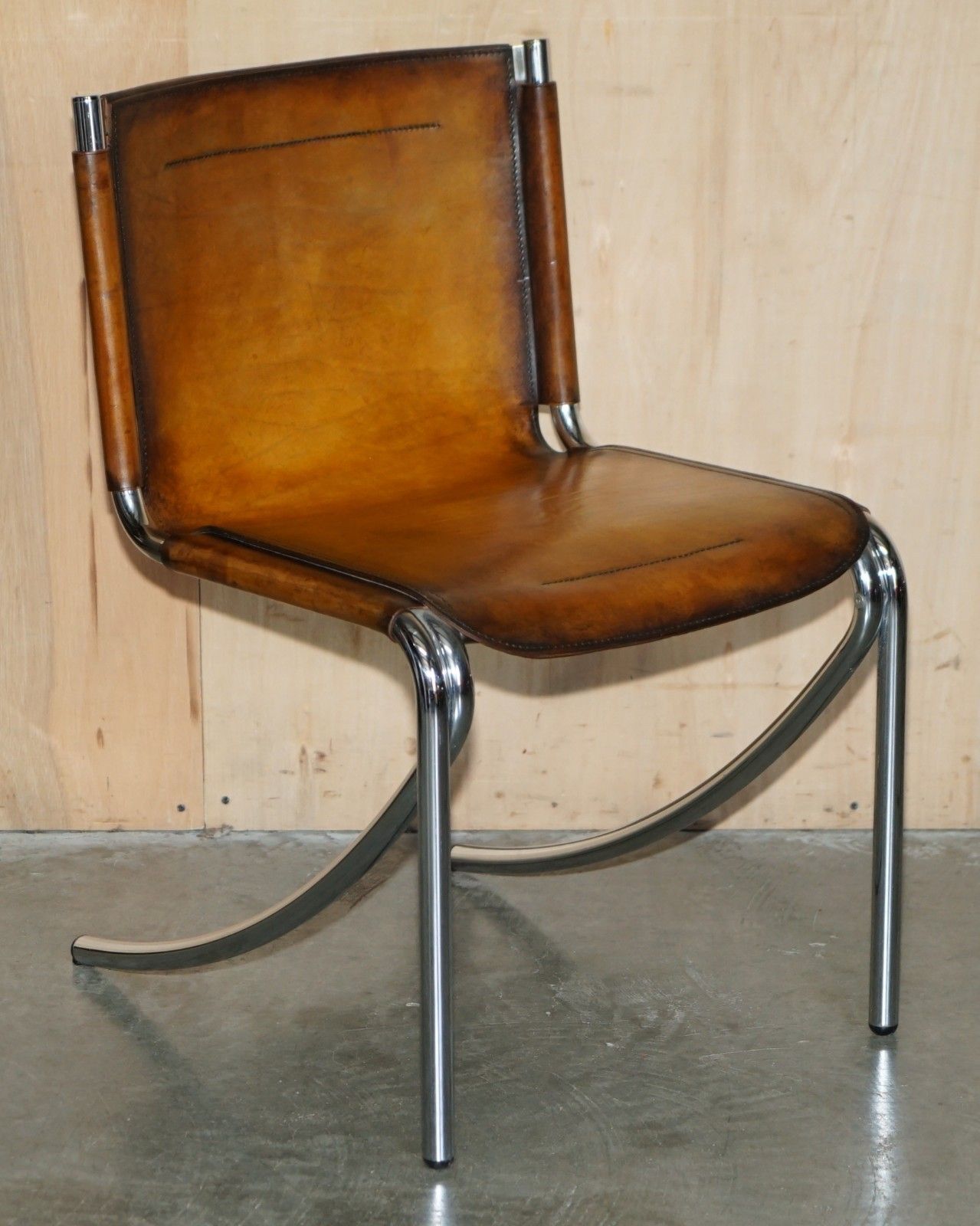 Four Restored Acerbis Jot Giotto Stoppino Brown Leather Chrome Dining Chairs photo Furniture