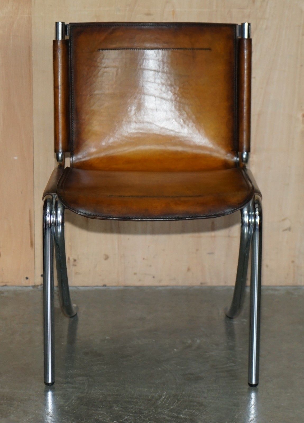 Four Restored Acerbis Jot Giotto Stoppino Brown Leather Chrome Dining Chairs photo 6995.0