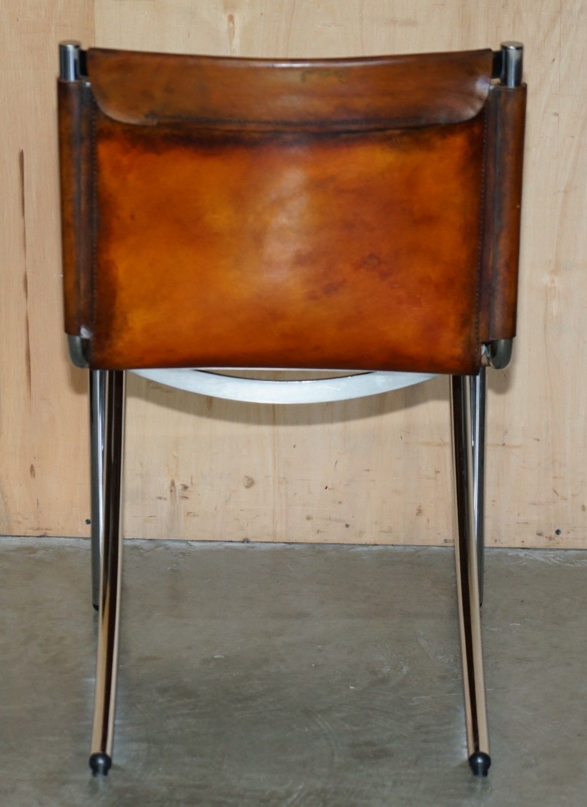 photo buy Four Restored Acerbis Jot Giotto Stoppino Brown Leather Chrome Dining Chairs