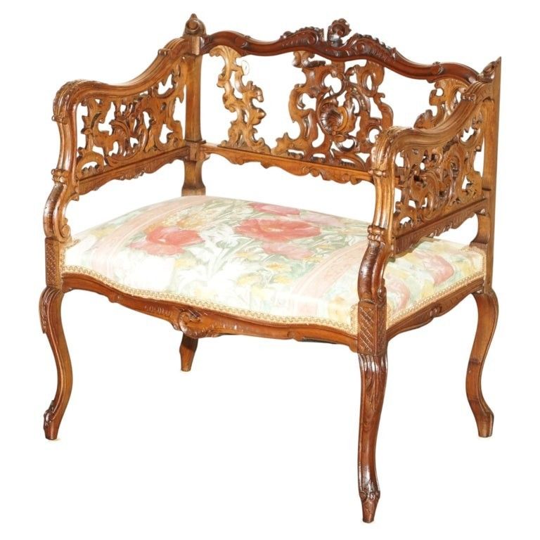 Antique 19th Century Hand Carved Walnut French Canape Armchair Floral Upholstery