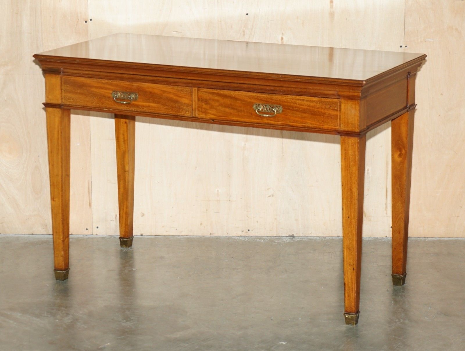 Fully Restored Howard & Son's Flamed Mahogany Marble Inset Console Table Desk photo for sale