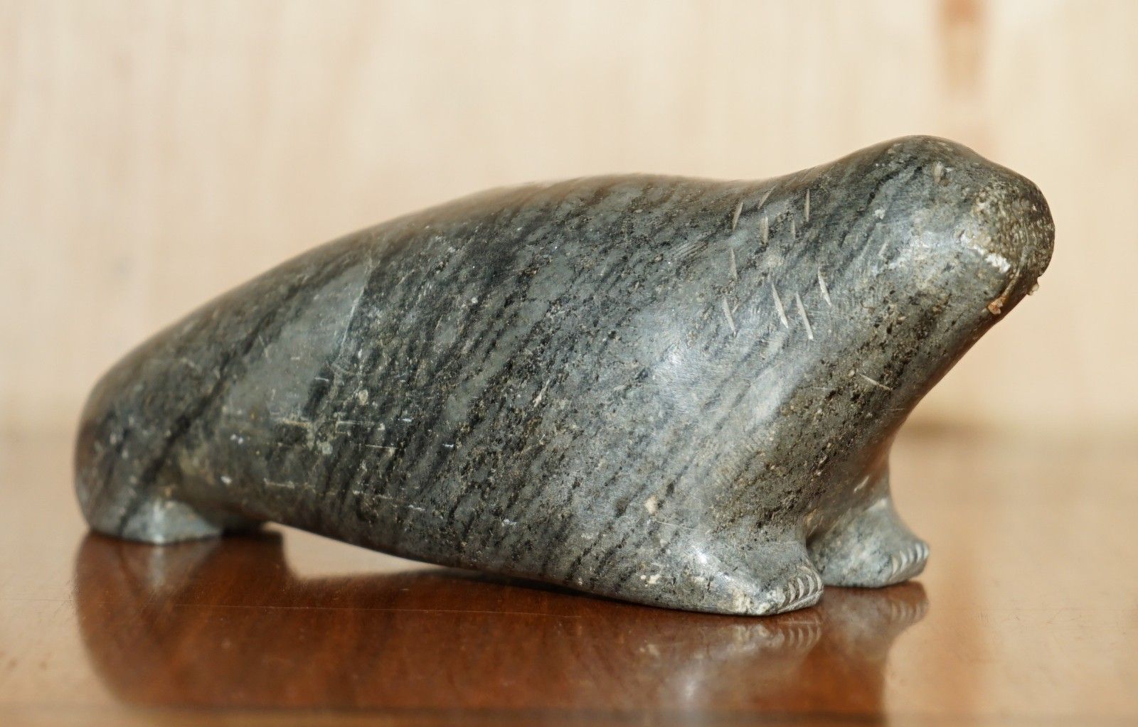 Original Signed With Serial Number Inuit Eskimo Soapstone Carving Walrus Statue photo furniture