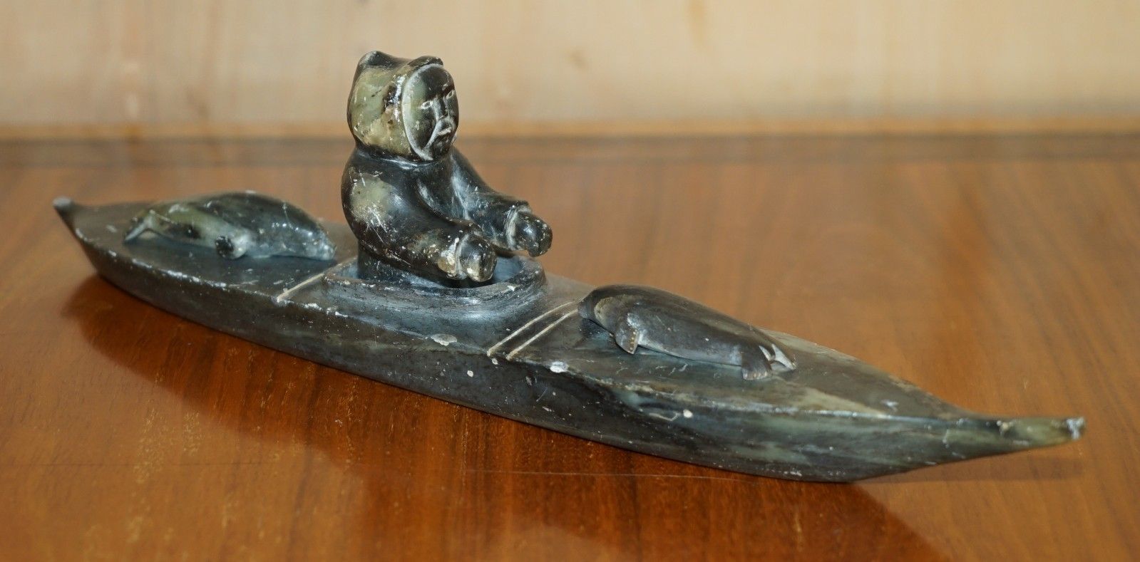 Fine Alex Patsauq 1917 Signed Serial Number Inuit Eskimo Soapstone Kayak Carving photo furniture