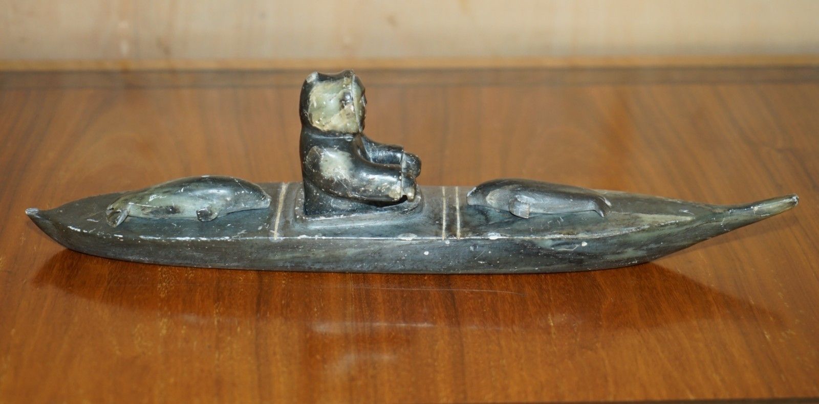 Fine Alex Patsauq 1917 Signed Serial Number Inuit Eskimo Soapstone Kayak Carving photo for sale