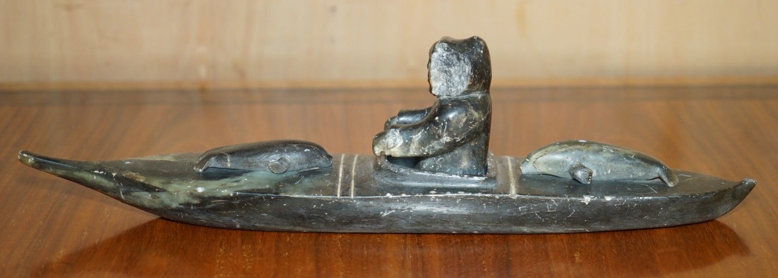 photo for sale Fine Alex Patsauq 1917 Signed Serial Number Inuit Eskimo Soapstone Kayak Carving