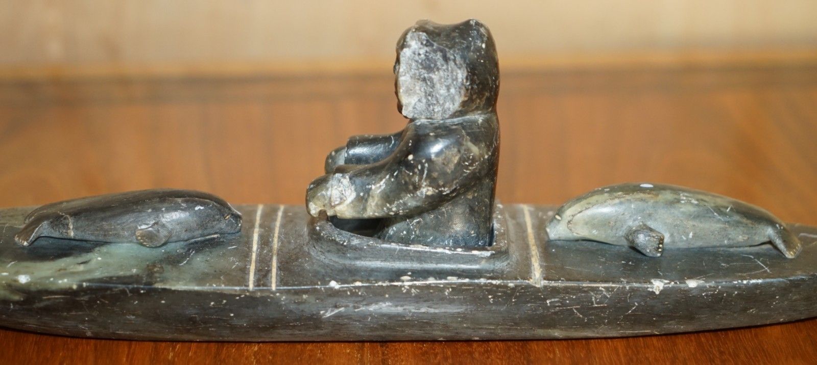 995.0 Fine Alex Patsauq 1917 Signed Serial Number Inuit Eskimo Soapstone Kayak Carving photo