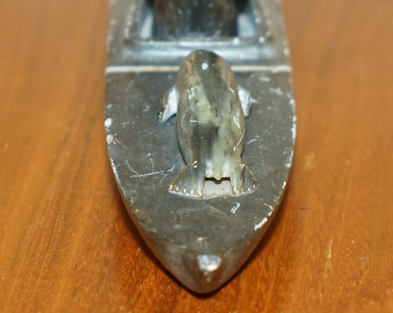 photo buy Fine Alex Patsauq 1917 Signed Serial Number Inuit Eskimo Soapstone Kayak Carving