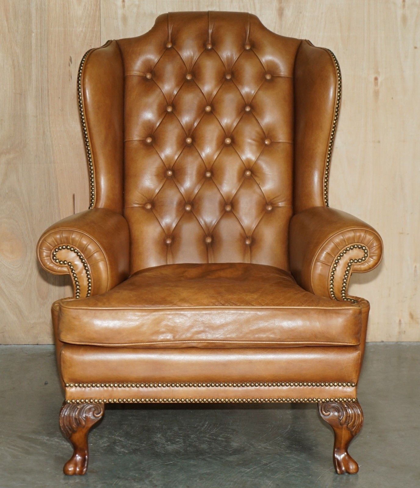 Luxury Provasi Italy Chesterfield Hand Dyed Brown Leather Wingback Armchair photo for sale