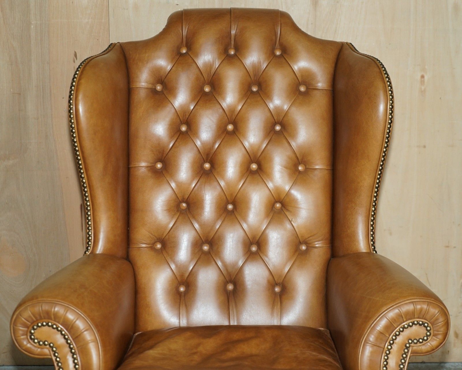 Luxury Provasi Italy Chesterfield Hand Dyed Brown Leather Wingback Armchair photo Furniture