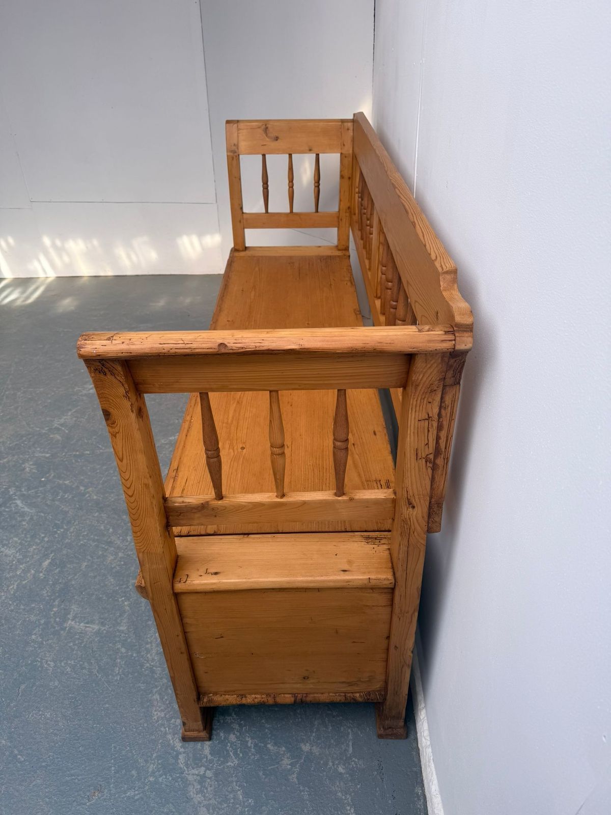 A Lovely Original Hungarian Spindled Pine Waxed Victorian 3 Seater Bench photo 795.0