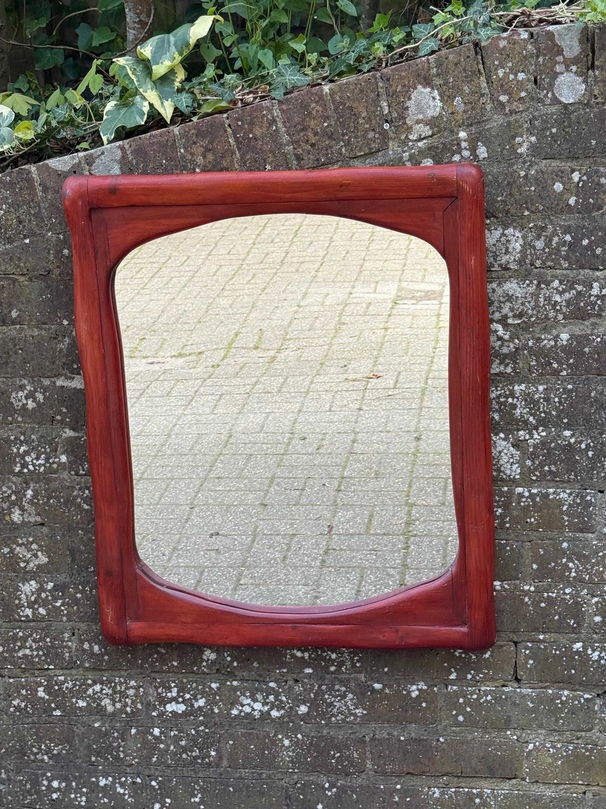 Mid Century Large Pine Wall Mirror, Sculptural Wooden Frame Dark Red Brown Finish 57cm X 70cm photo furniture
