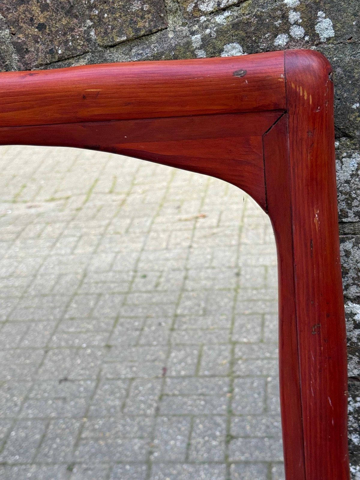 Mid Century Large Pine Wall Mirror, Sculptural Wooden Frame Dark Red Brown Finish 57cm X 70cm photo 165.0