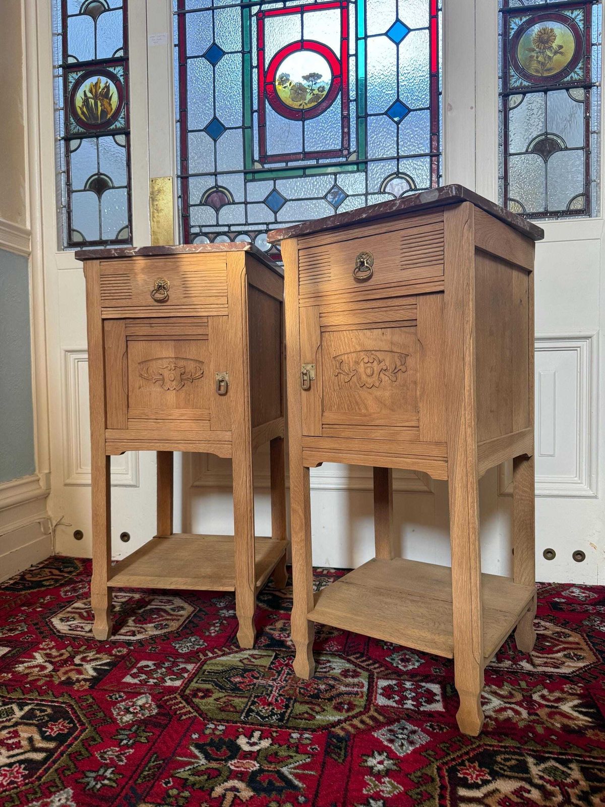 French Sandblasted Oak Bedside Cabinets With Rouge Marble Tops – 1920s Carved Nightstands photo furniture