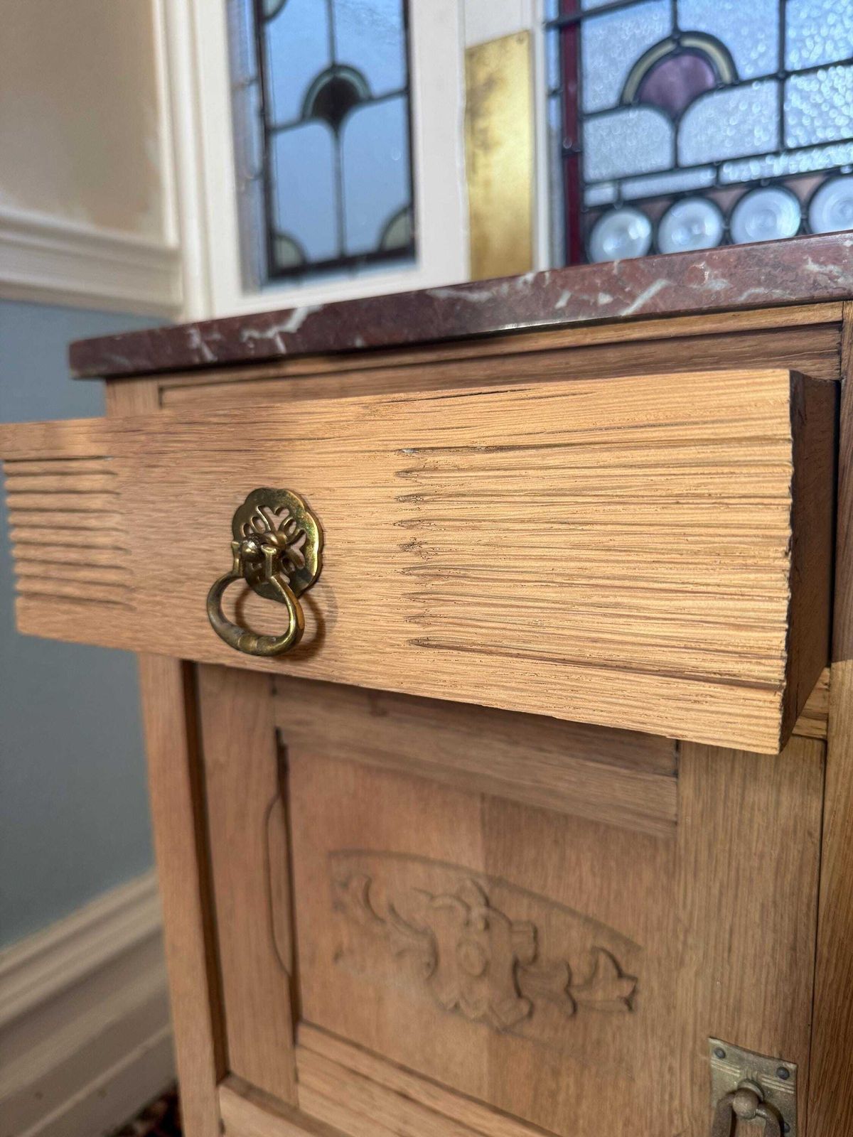 French Sandblasted Oak Bedside Cabinets With Rouge Marble Tops – 1920s Carved Nightstands photo 625.0