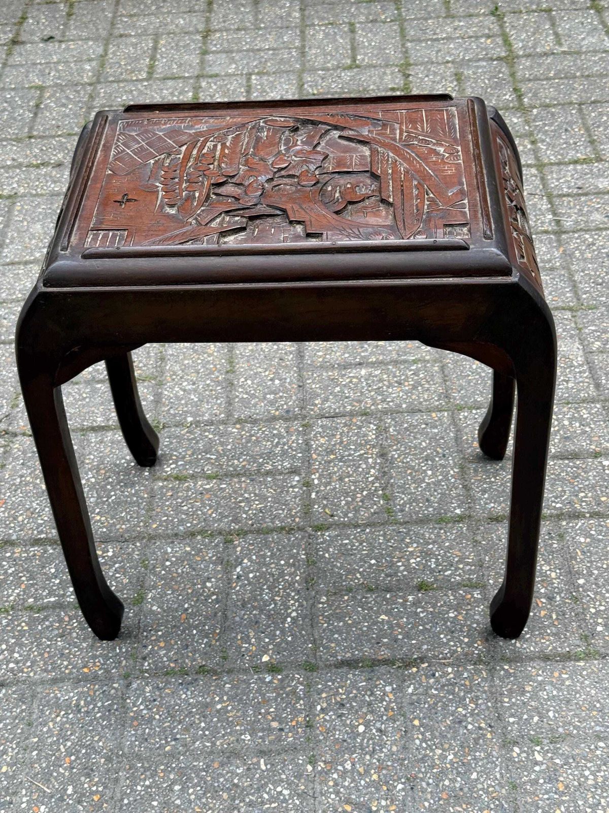 Vintage Mid Century Carved Oriental Side Table Chinoiserie Dark Wood Accent photo for sale