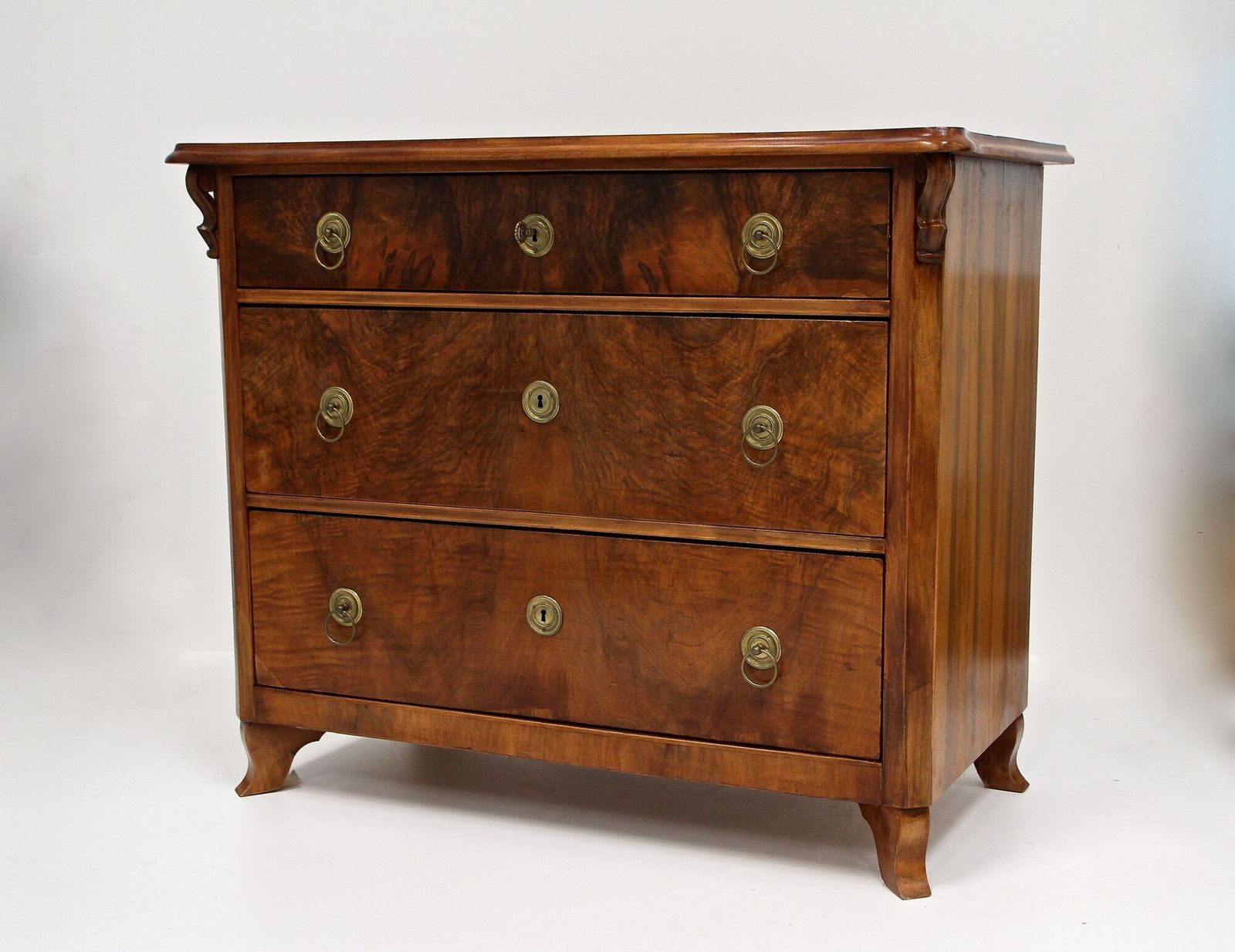 19th Century Biedermeier Chest Of Drawers With Carvings, Nutwood   At Ca. 1860 photo vinterior