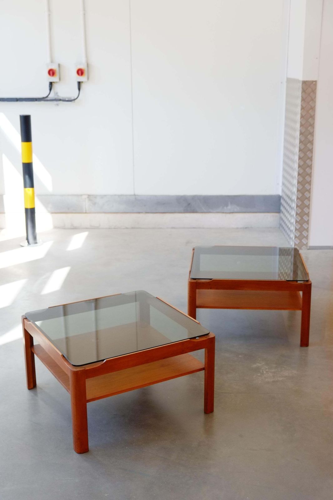 Pair Of Mid Century Teak & Smoked Glass Side Coffee Tables / Nightstands photo furniture