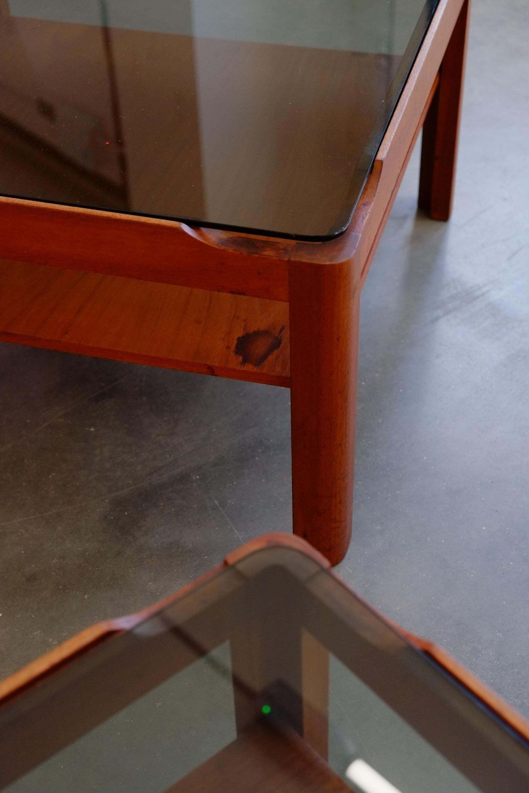photo furniture Pair Of Mid Century Teak & Smoked Glass Side Coffee Tables / Nightstands