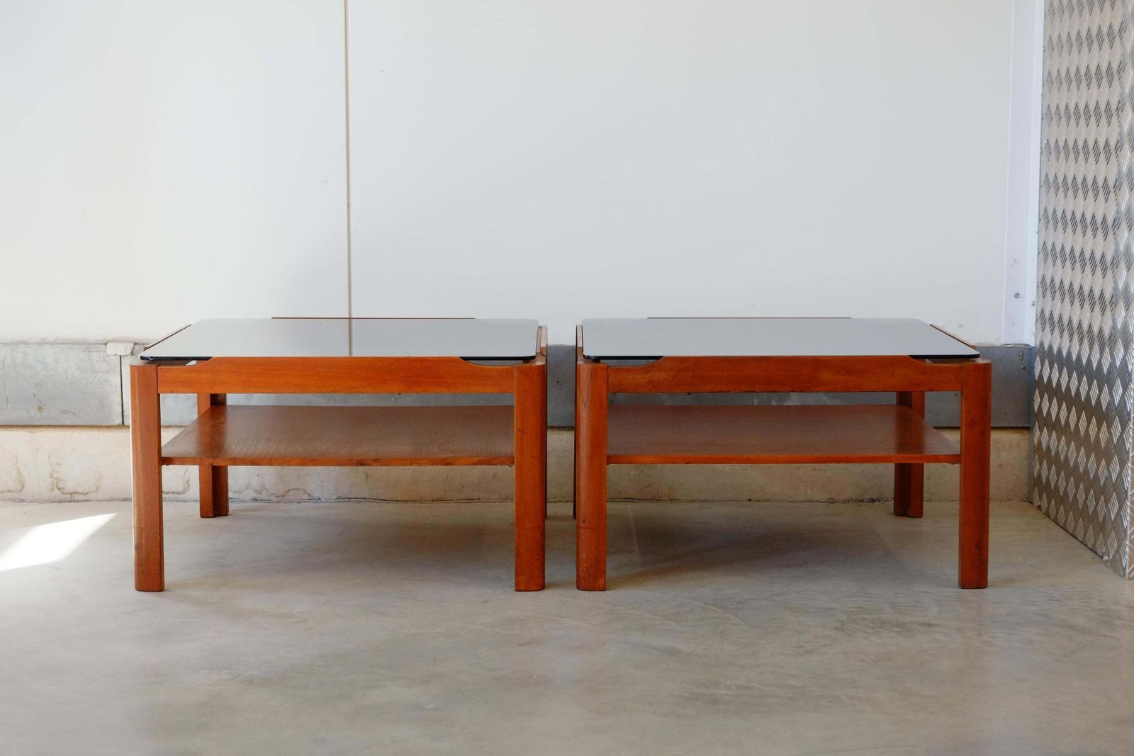 photo for sale Pair Of Mid Century Teak & Smoked Glass Side Coffee Tables / Nightstands