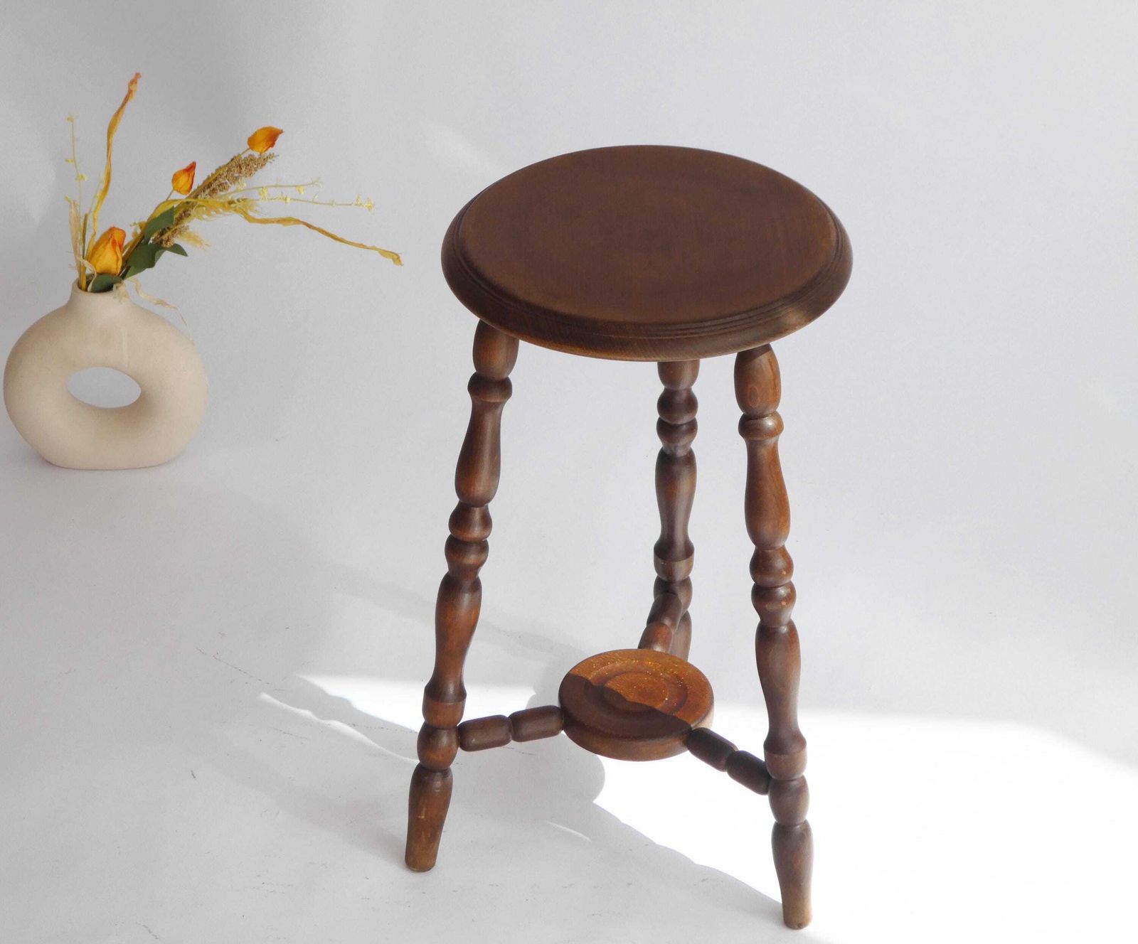 Antique English Bobbin Wooden Stool, Wooden Round Carved Side Table, Farmhouse Decor, Plant Stand photo furniture